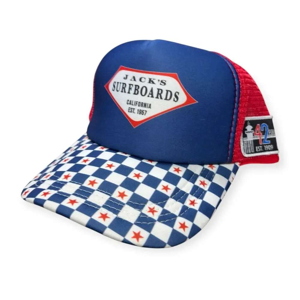 Jacks Surfboards Trucker Hat Cap Mens Snapback Blue Flag 4th Of July‎